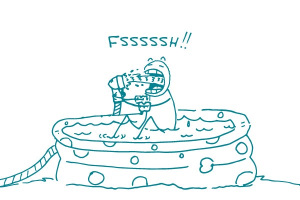 Illustration of person sitting in small inflatable pool, drinking from a hose. 
