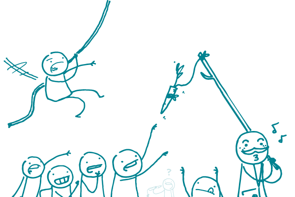 Illustration of a doodle with a mustache, whistling and carrying a stick with a carrot hanging from it, as other doodles excitedly chase behind, trying to grab the carrot.