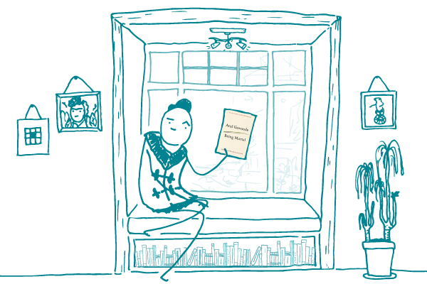 A cartoon figure sitting in a bay window reading "Being Mortal" by Atul Gawande, with framed pictures on the walls including a portrait of Frida Kahlo, an abstract painting, and an image of a frog on a unicycle.