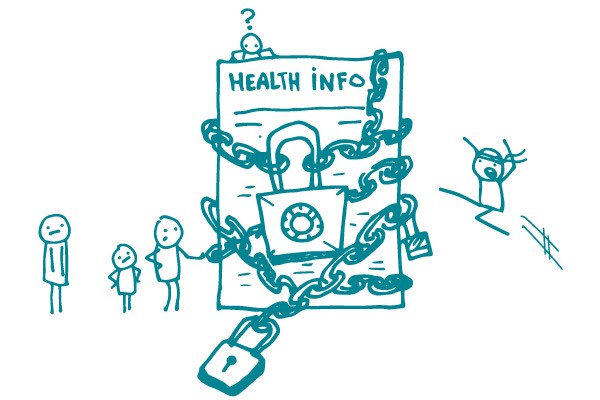 Illustration of health information locked up with a chain surrounded by people