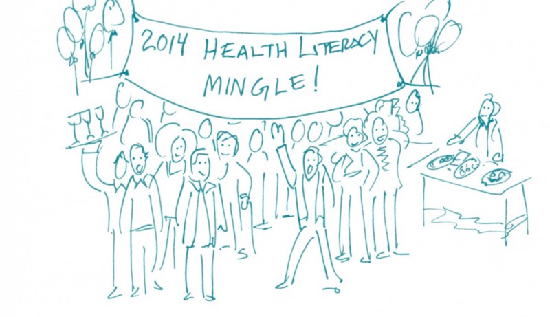 Illustration of people at a health literacy mixer.