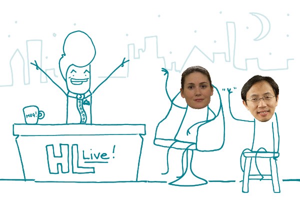 Illustration of stick figure hosting the talk show "Health Lit Live!" with Dr. Stacy Bailey and Dr. Gang Fang as guests. 