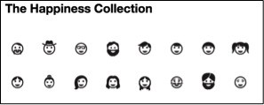 Smiling icons of faces entitled "The Happiness Collection"