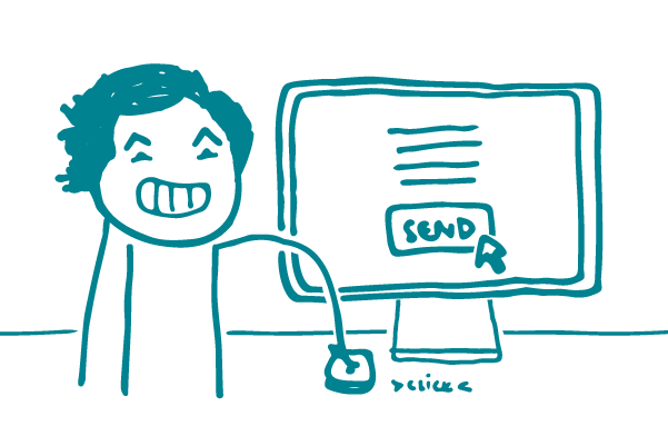 A doodle grins and clicks on the word "send" on their computer screen.