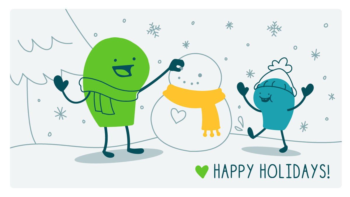 Doodles build a snowman above the words, "Happy Holidays!"