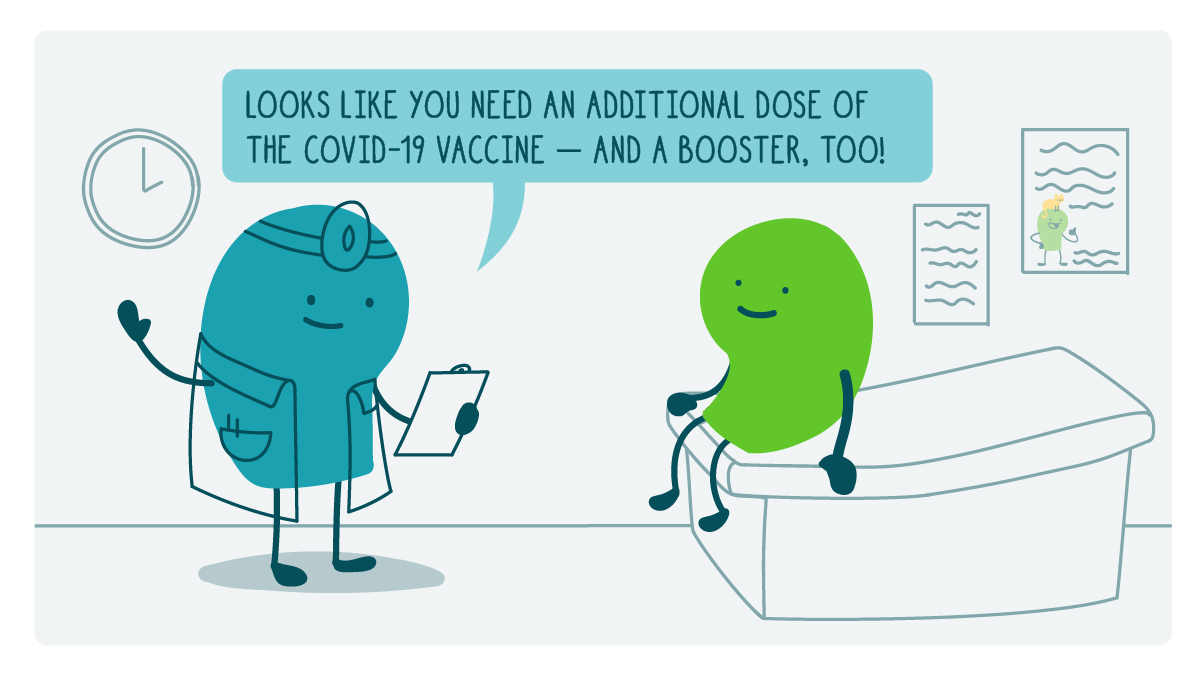 A doctor doodle tells a patient doodle, "Looks like you need an additional dose of the COVID-19 vaccine — and a booster, too!"