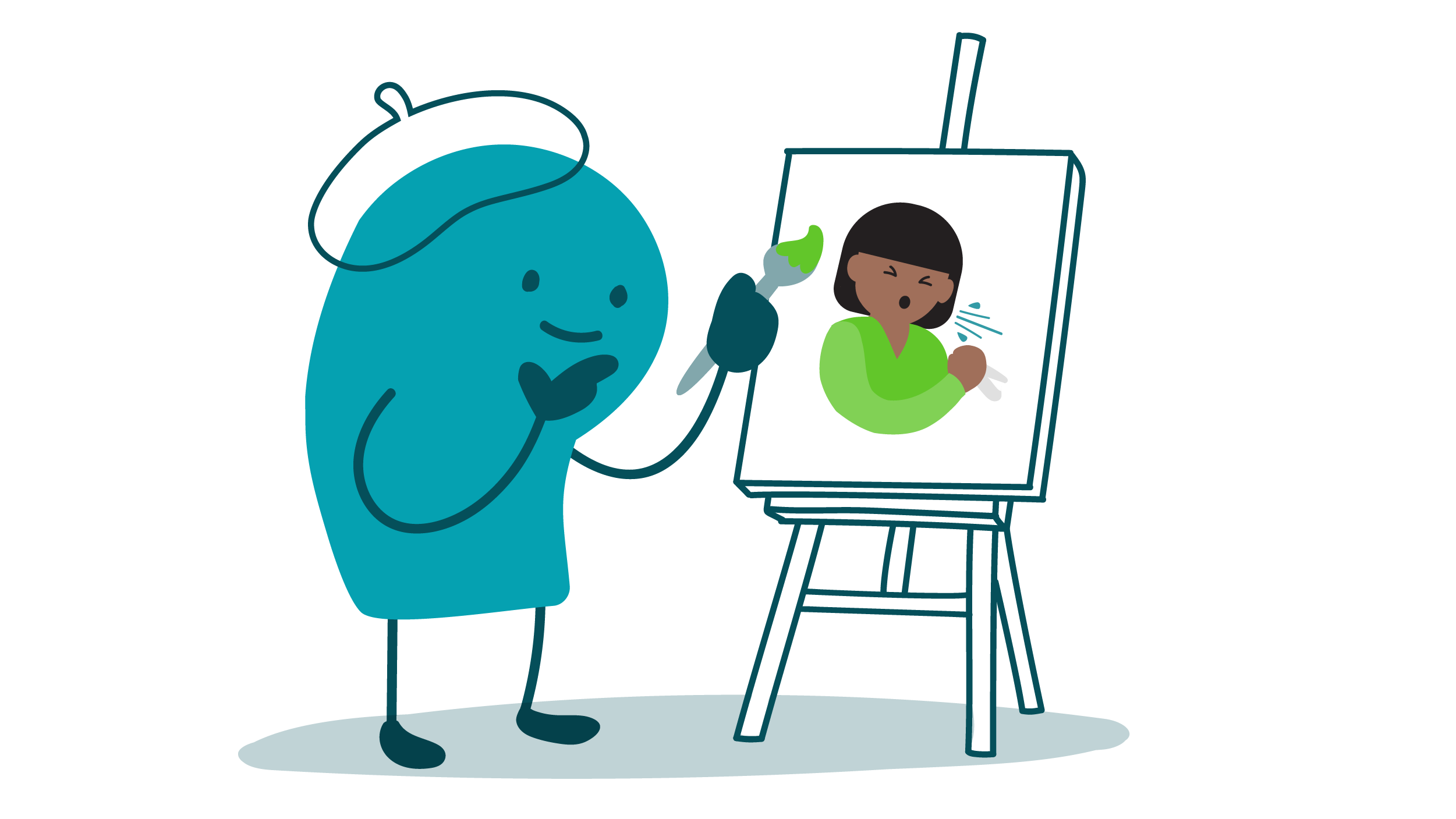 A doodle wearing a beret paints a pictogram on an easel. The pictogram shows a person sneezing.