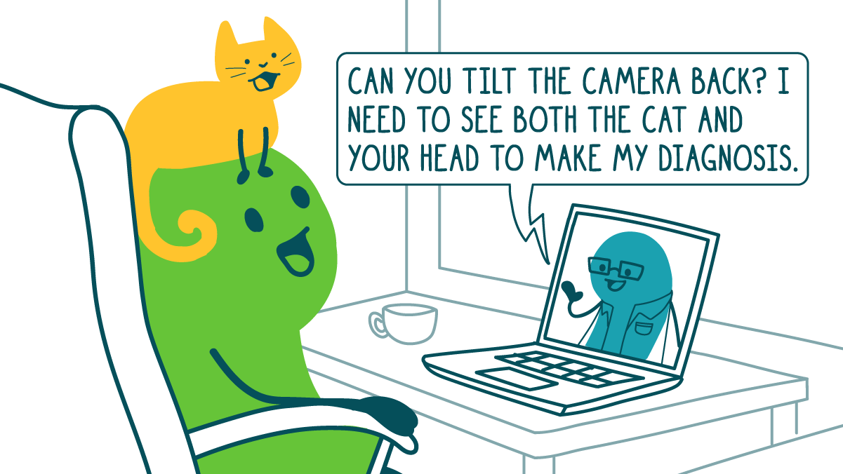 A doodle with cat head talks to their doctor via their laptop. The doctor says, “Can you tilt the camera back? I need to see both the cat and your head to make my diagnosis.”