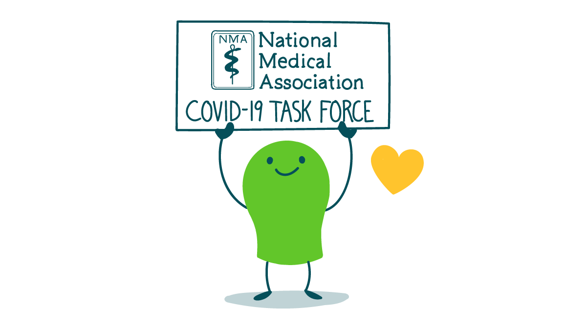 A doodle holds up a National Medical Association COVID-19 Task Force sign.