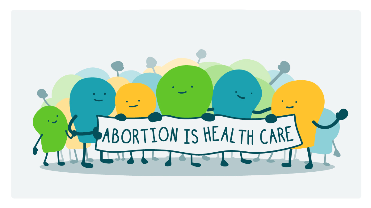 A group of doodles stands together and holds up a sign that reads, “Abortion is health care.”