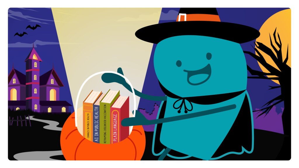 A doodle dressed as a witch holding books.