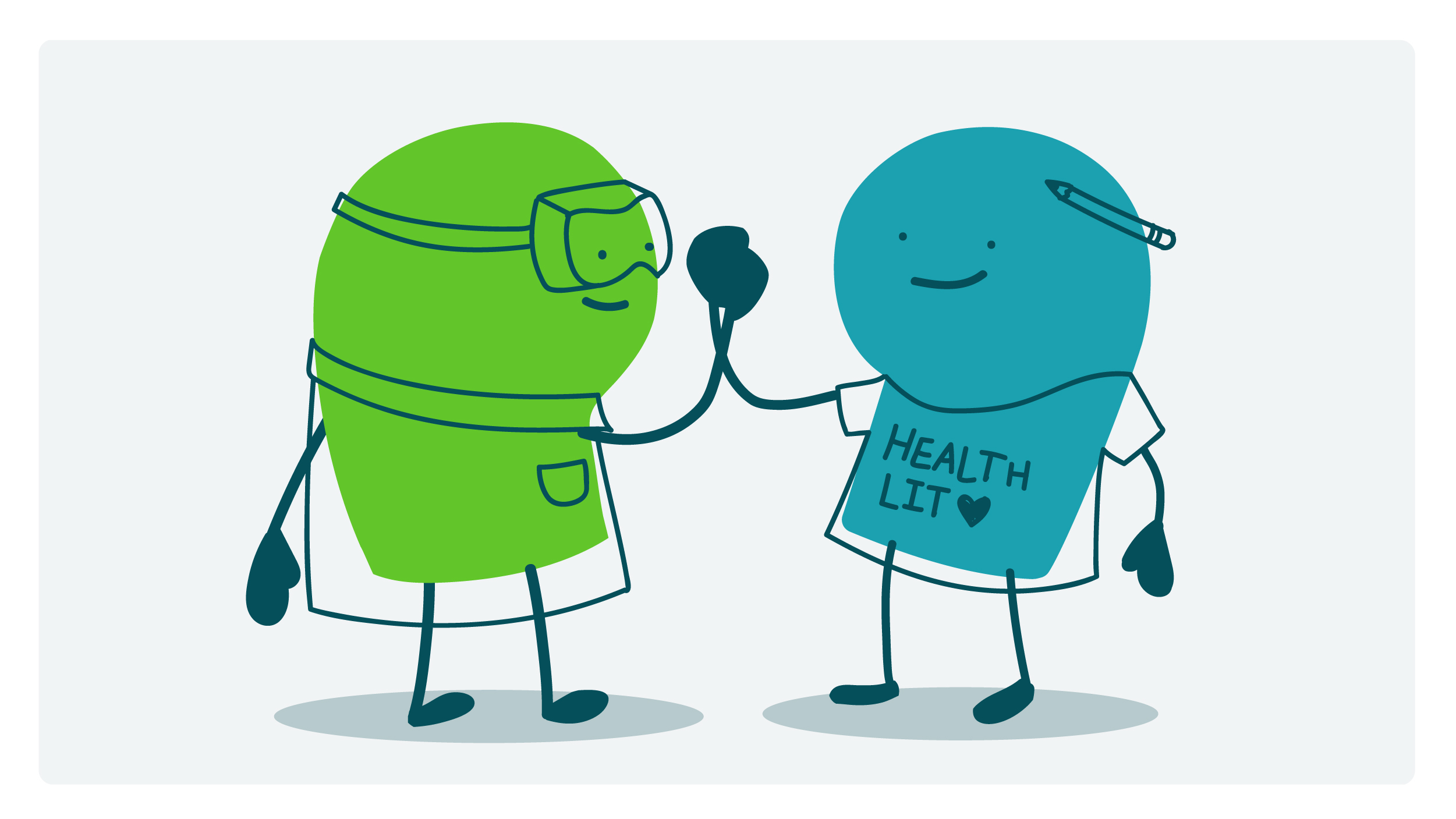 Scientist doodle and doodle wearing a "Health Lit <3" shirt shaking hands