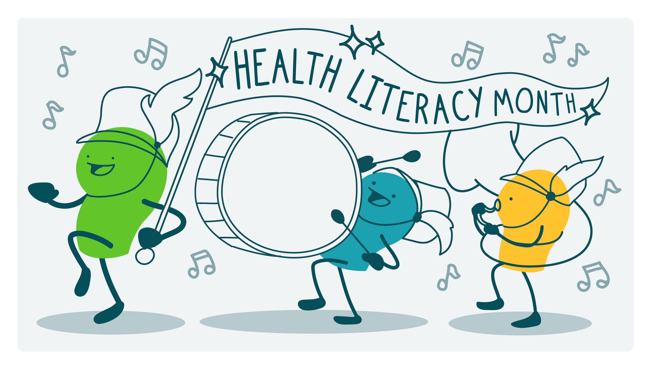 Marching band of doodles holding a banner that says "Health Literacy Month"