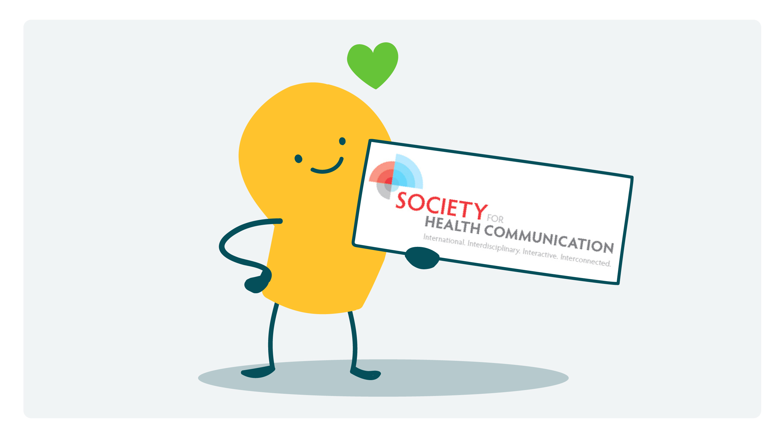 A doodle holds up a sign with the Society for Health Communication logo.