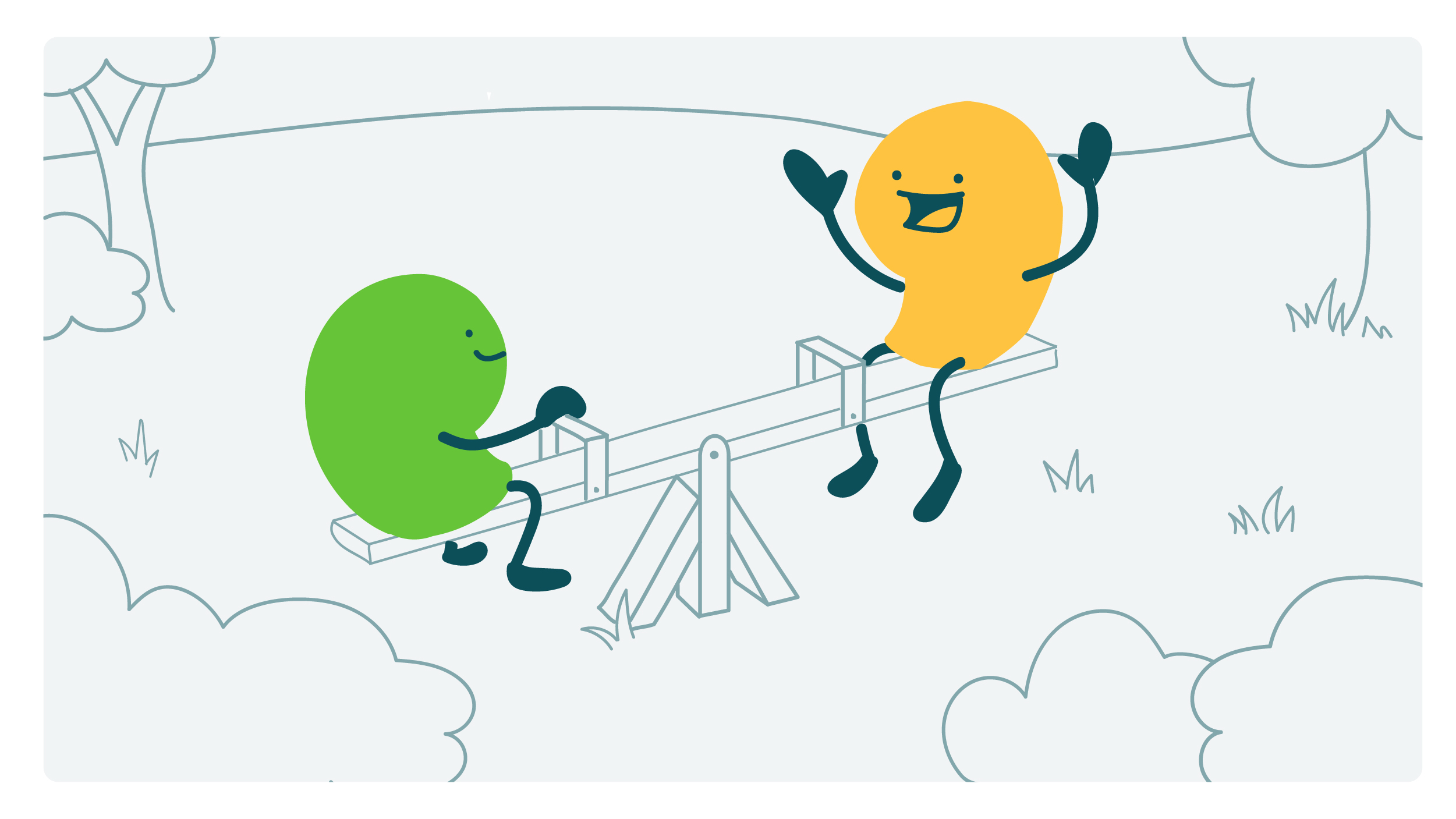 Two doodles happily sitting on either end of a seesaw
