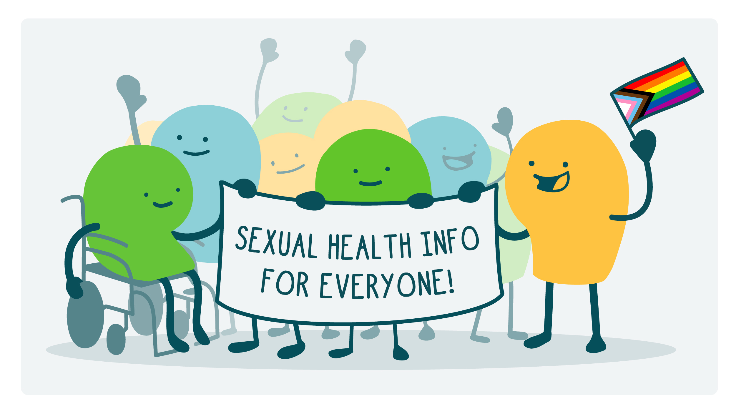 A group of doodles, including a doodle who’s using a wheelchair and a doodle with a Pride flag, hold a banner that says “Sexual health info for everyone!"