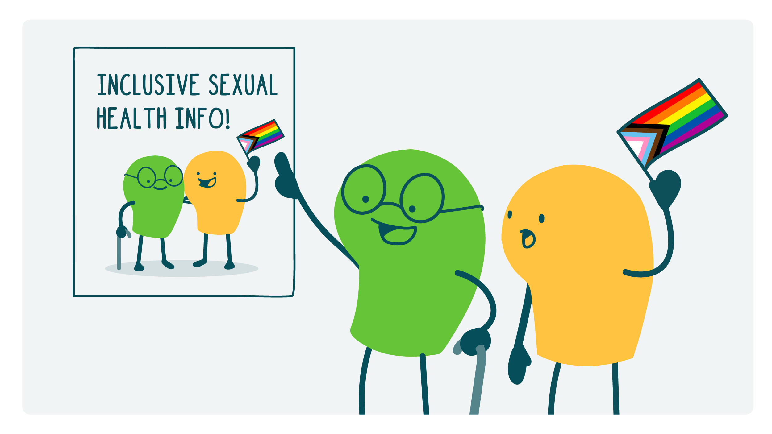 A doodle holding a Pride flag and a doodle with a walking stick look at a poster that says “Inclusive sexual health info!” The poster has an image of doodles who look like them. 