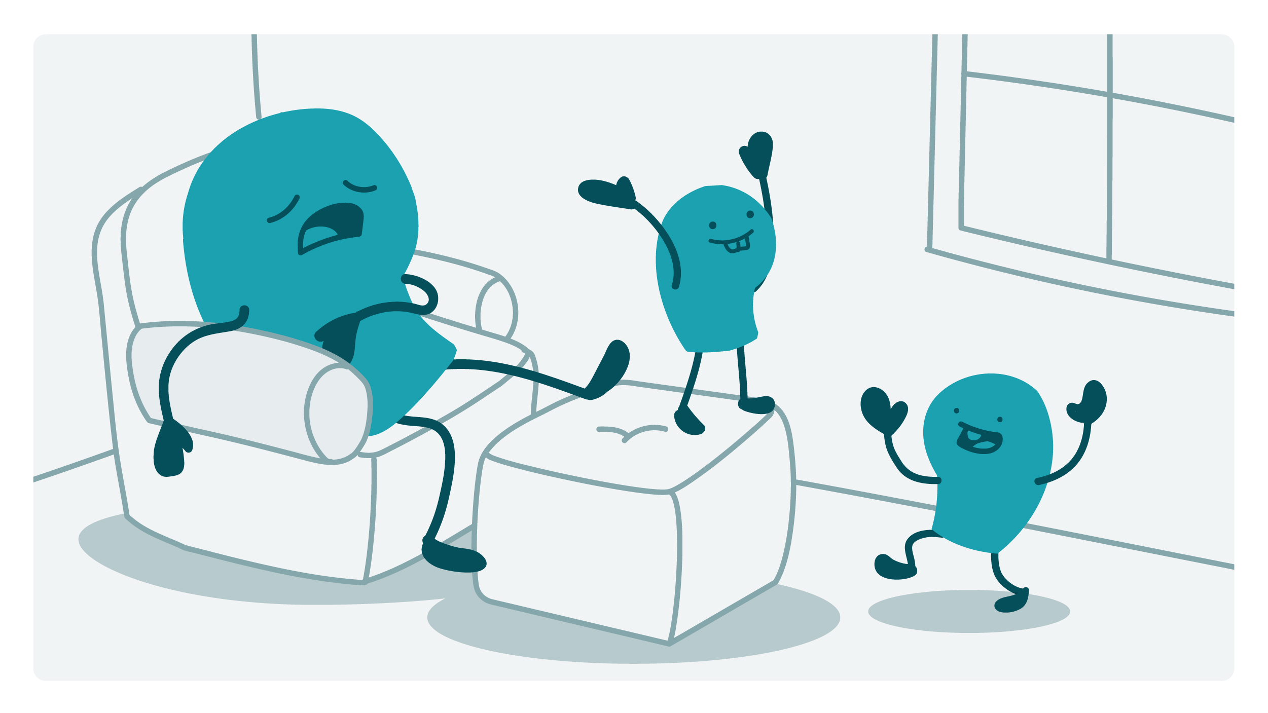 A parent doodle looks exhausted as 2 kid doodles run wild around the living room.