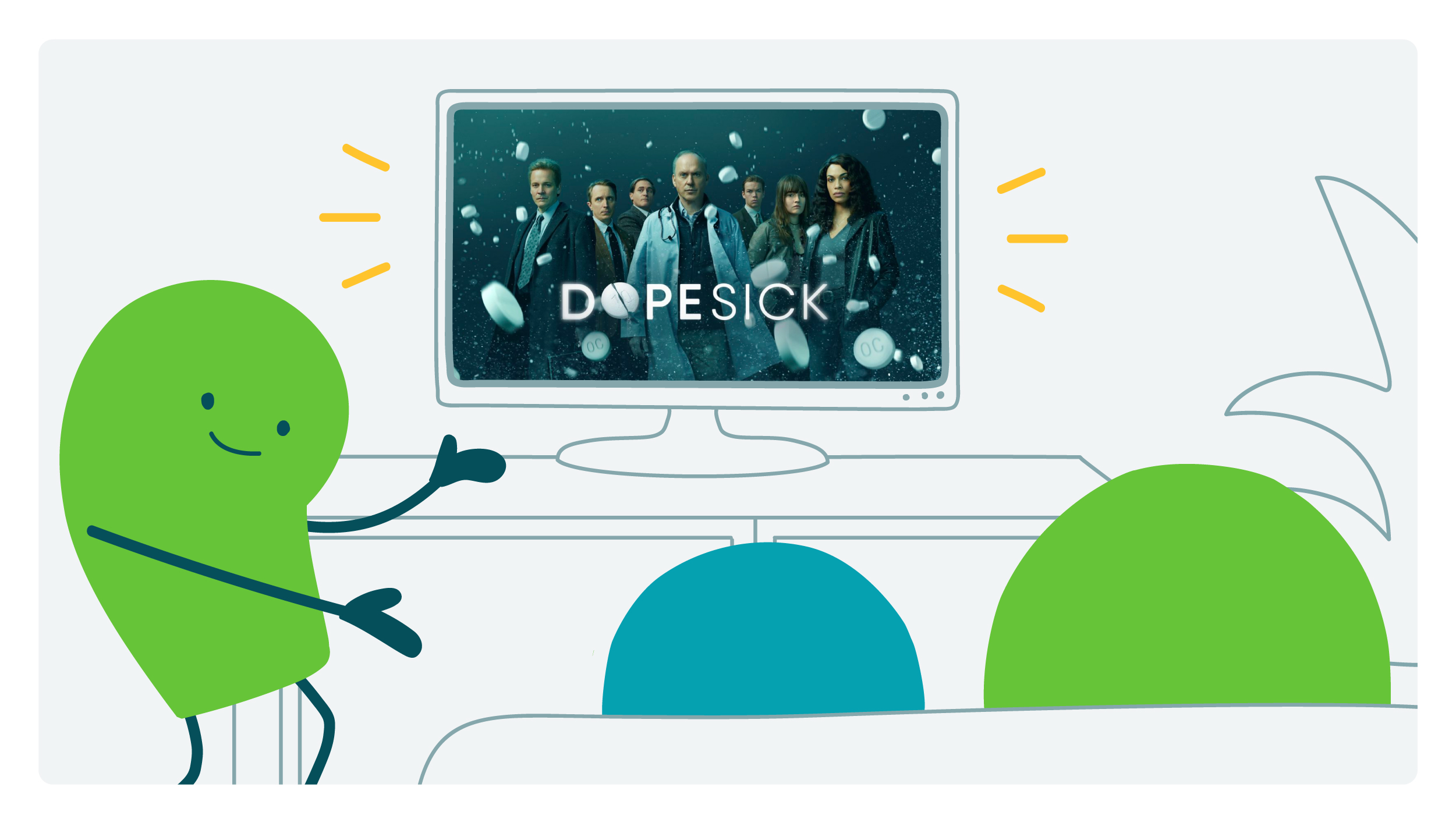 Doodle enthusiastically pointing to a TV displaying the show "Dopesick" 