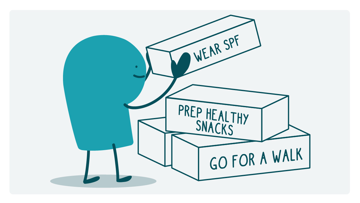 Doodle stacking blocks with healthy habits written on them, including" "wear SPF," prep healthy snacks," and "go for a walk"