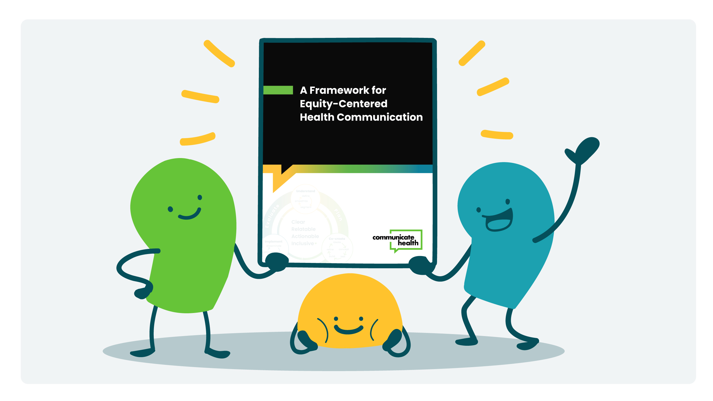 Three excited doodles presenting CommunicateHealth's new Framework for Equity-Centered Health Communication resource