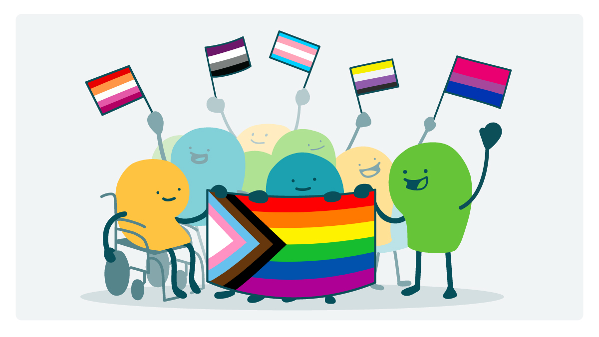 Group of doodles holding various flags. At the center, doodles are holding the Progress flag. In the background, doodles (from left to right) are holding the lesbian, nonbinary, transgender, asexual, and bisexual flag.