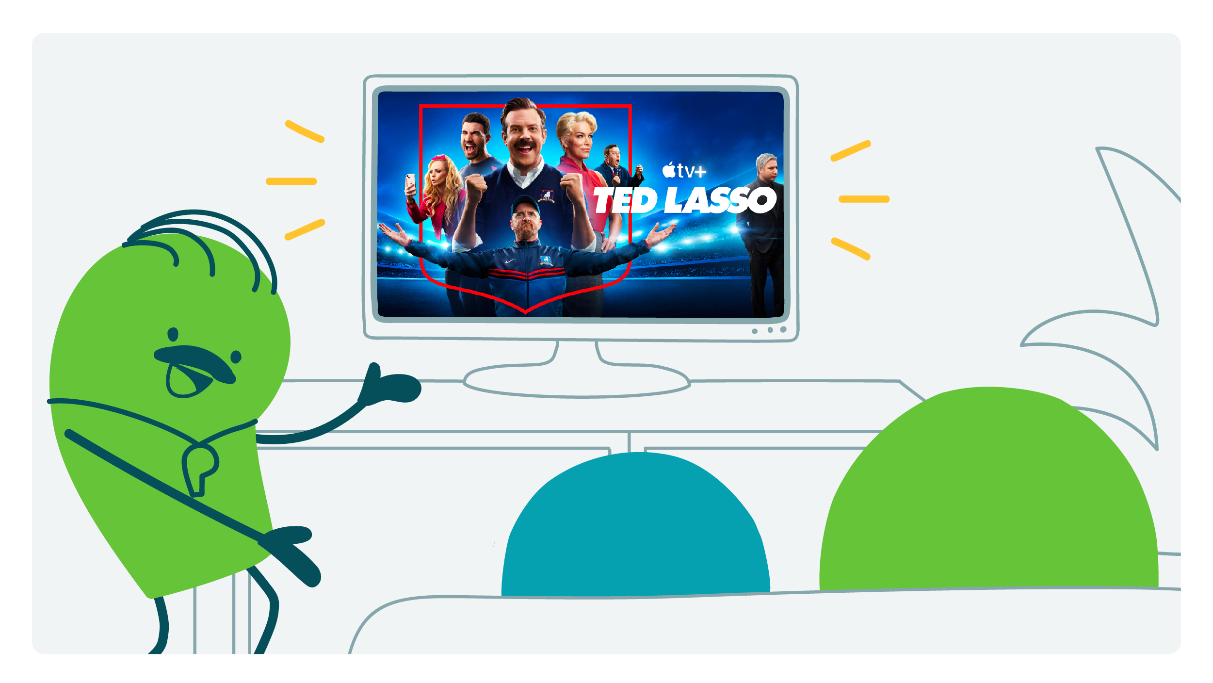 A Ted Lasso doodle with his signature mustache and whistle presents a screen with the Ted Lasso title screen.