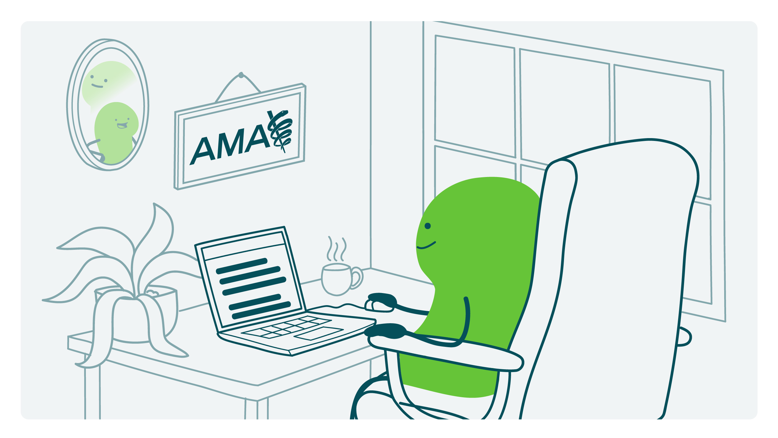 A doodle sitting in their office typing up the AMA's new policy. A framed AMA logo is on the wall.