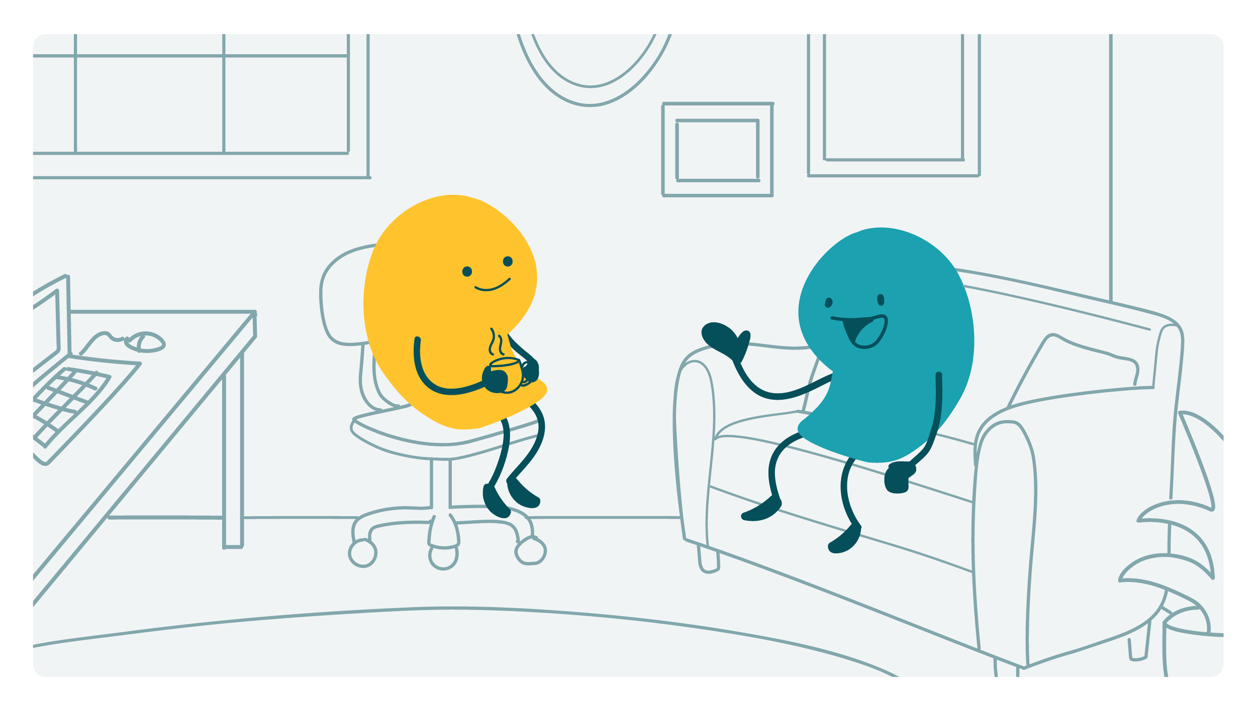 2 smiling doodles talk to each other in an office setting.