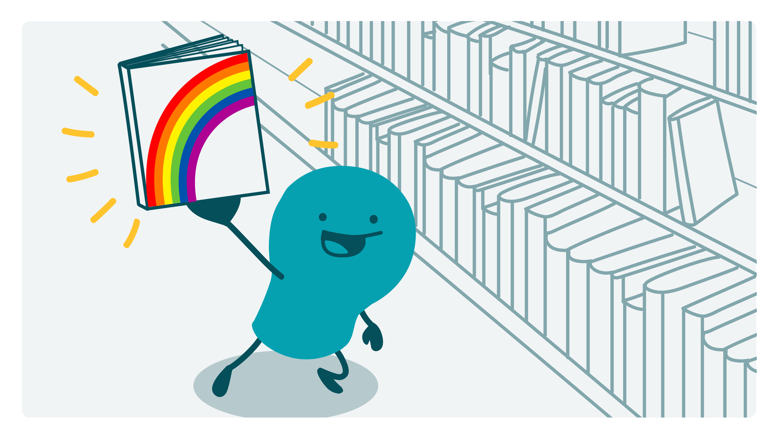 A doodle in a library holding up a book with a rainbow on it.