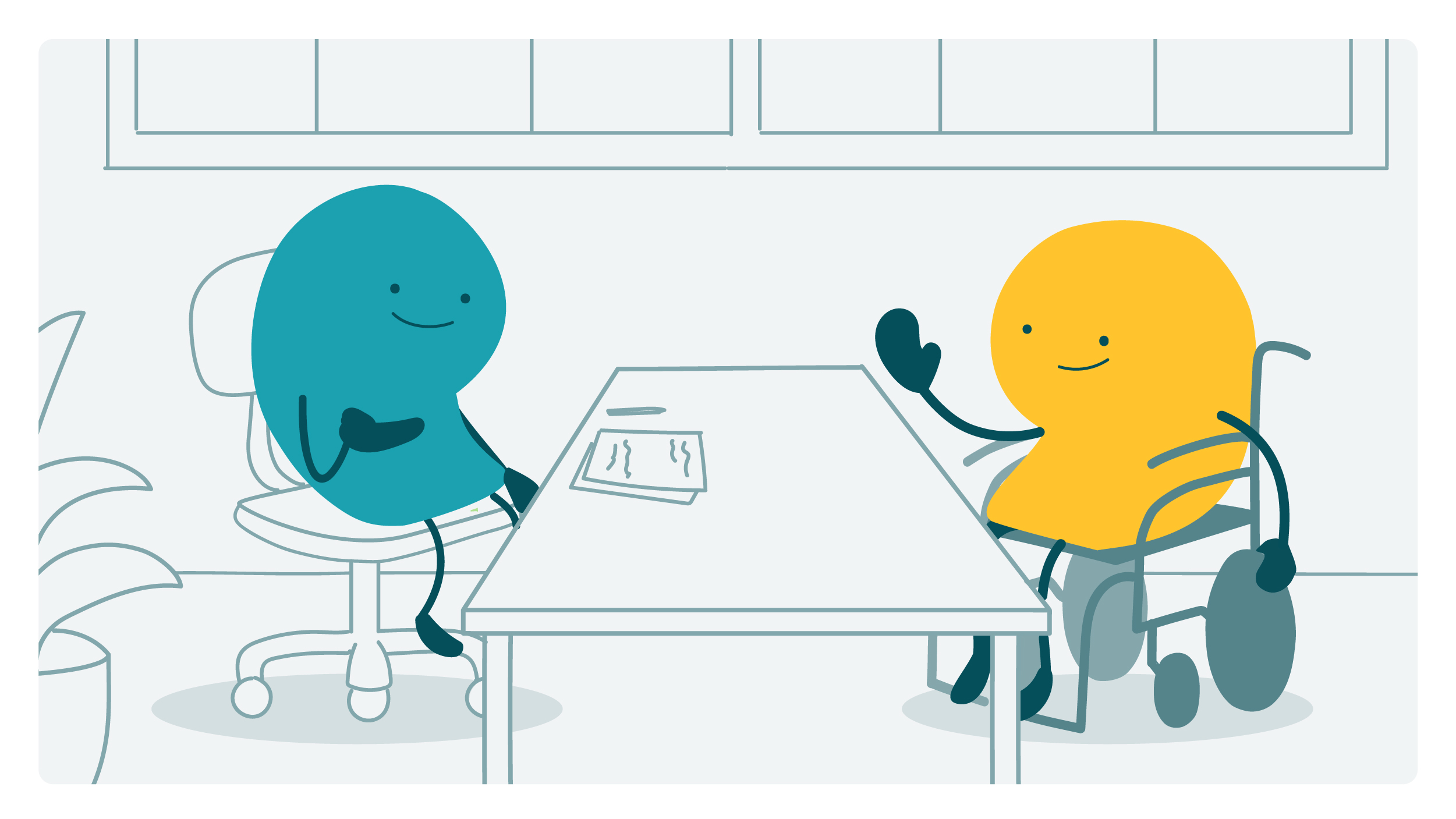 A clinical trial participant doodle sits in their wheelchair and chats happily with a researcher doodle at the researcher doodle’s desk. 