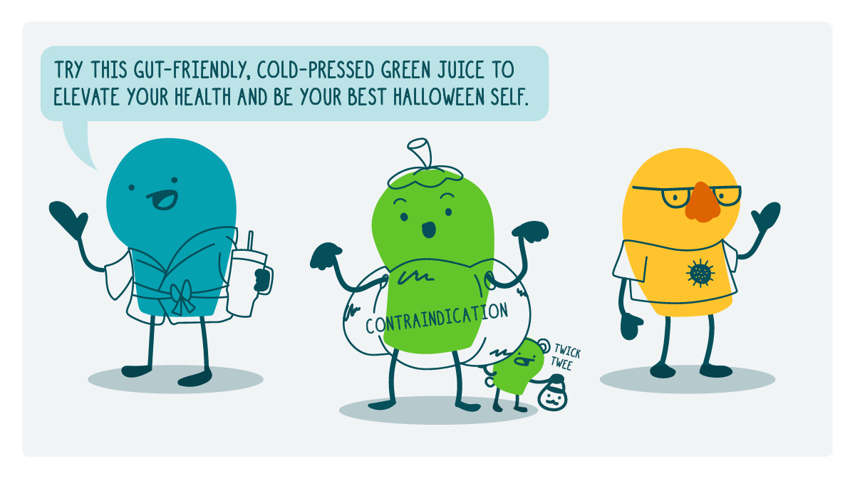 3 doodles are dressed up in "scary public health costumes." One is a pumpkin with jargon terms on it, one is a pathogen in disguise, and the other is an influencer chatting about the latest juice cleanse. A tiny trick-or-treating doodle child says, "twick twee."