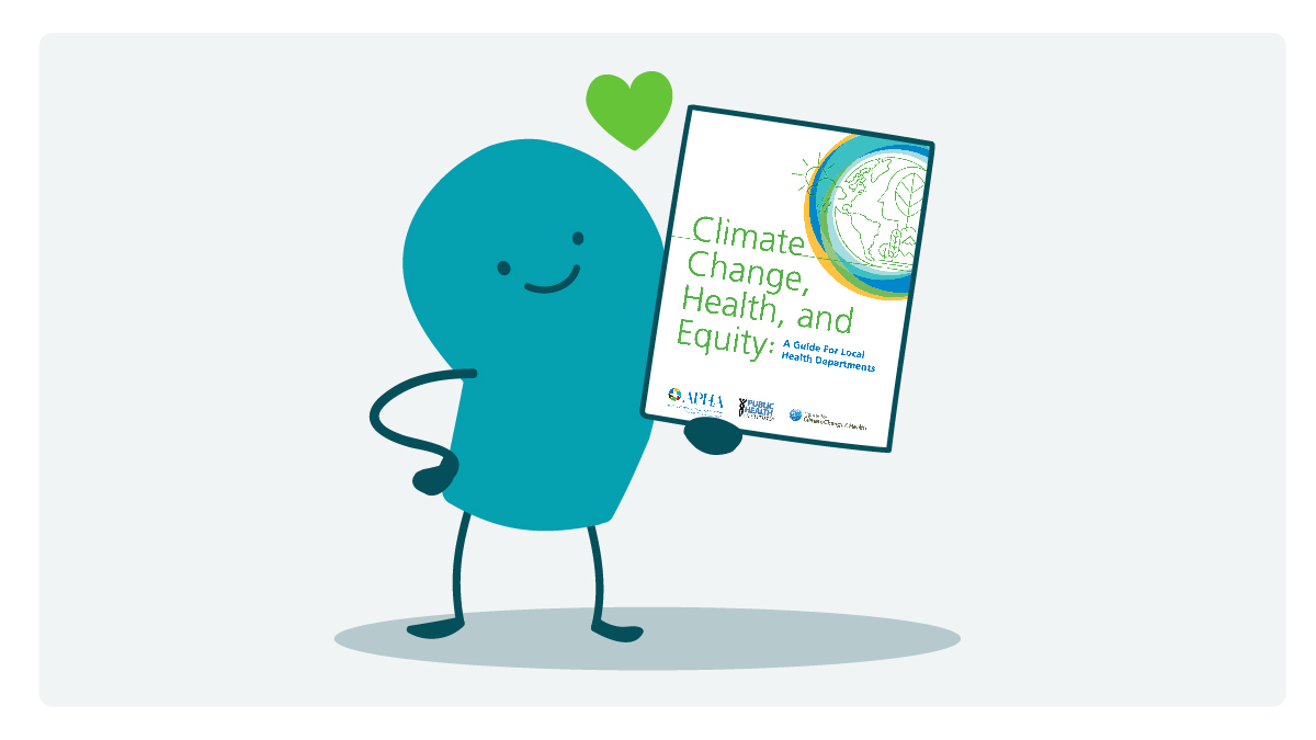 A happy doodle holds up a copy of APHA's Climate Change, Health, and Equity Guide