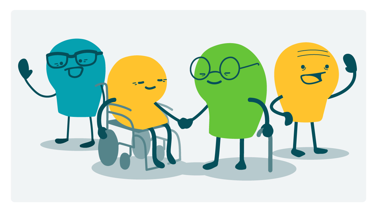 A group of happy older doodles. One doodle uses a wheelchair and is holding hands with another doodle. The other 2 are waving.