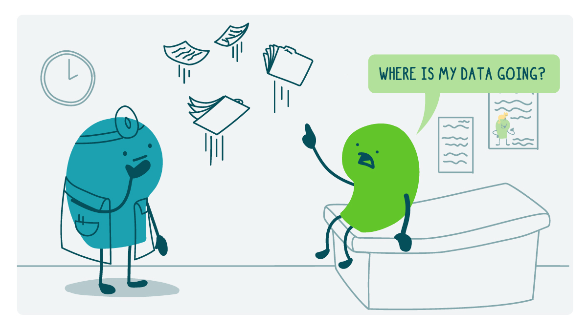A patient and doctor doodle looking at medical forms wondering "Where if my data going?"