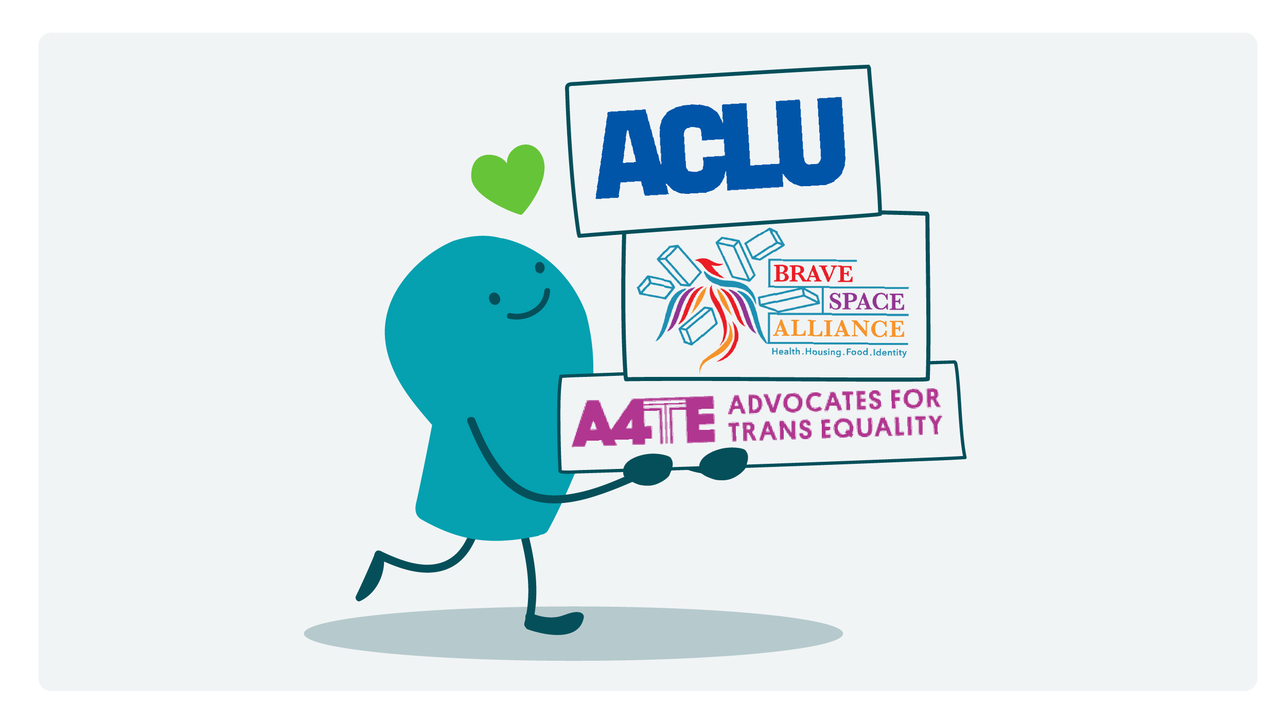 A doodle holding ACLU, Brave Space Alliance, and Advocates for Trans Equality logos.