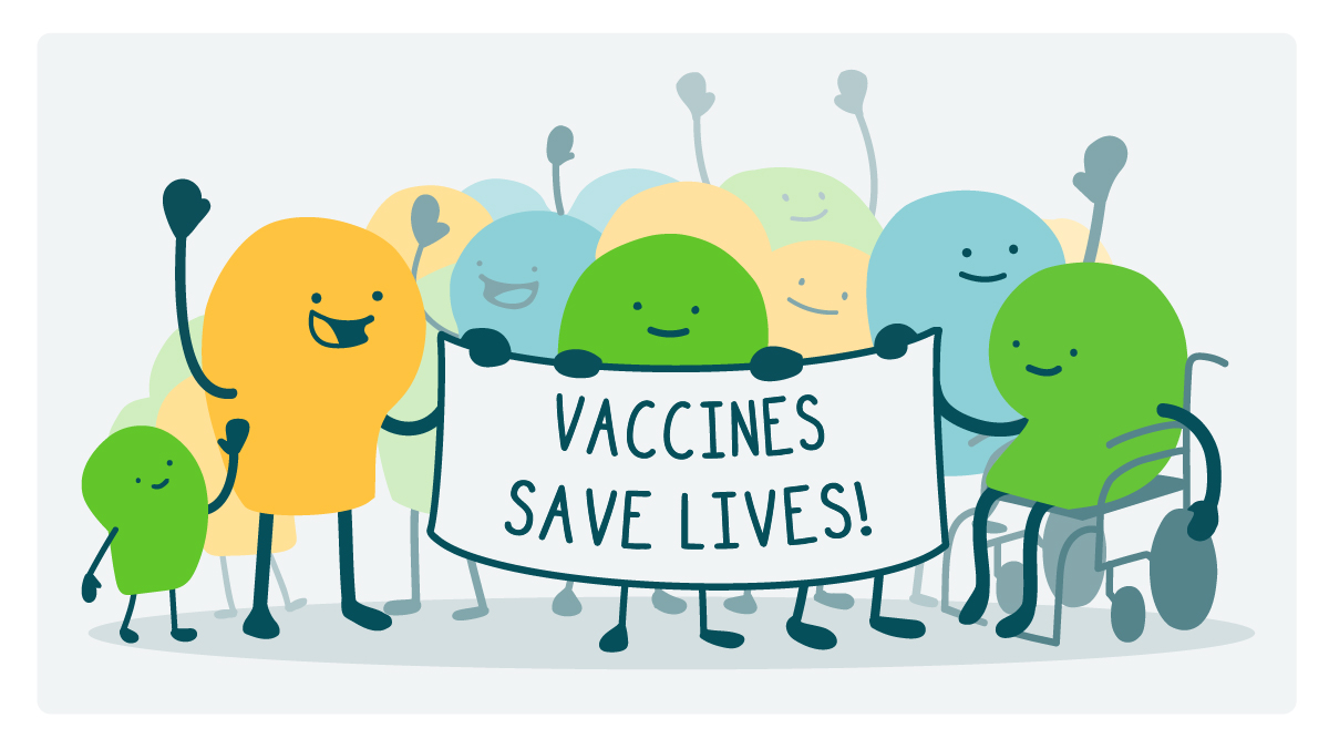 A group of doodles stands together and holds up a sign that reads, "Vaccines save lives!"