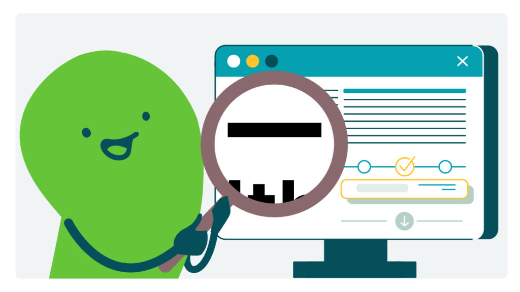 A doodle uses a magnifying glass to look at an em dash on a computer screen.