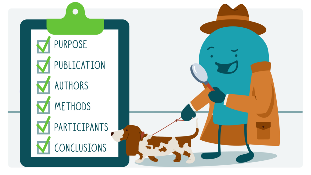 A doodle dressed as a detective with a magnifying glass and checklist for assessing research studies.