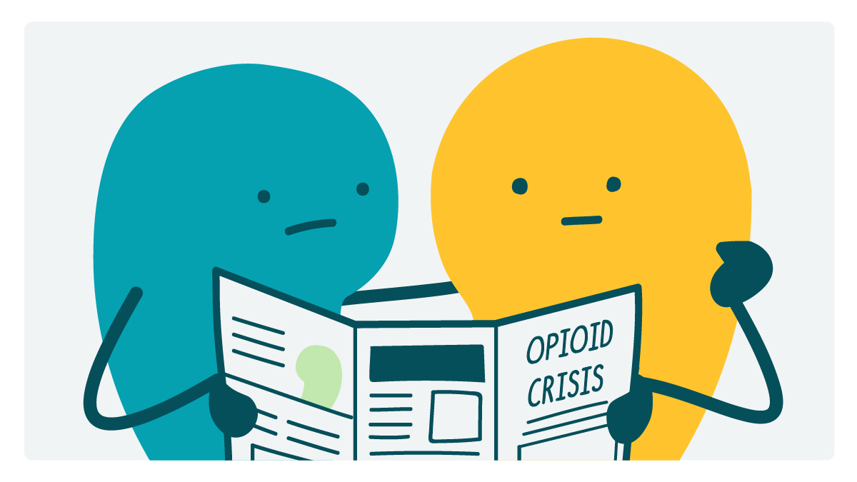 2 doodles, one with their arm around the other, look at a pamphlet titled "Opioid Crisis"