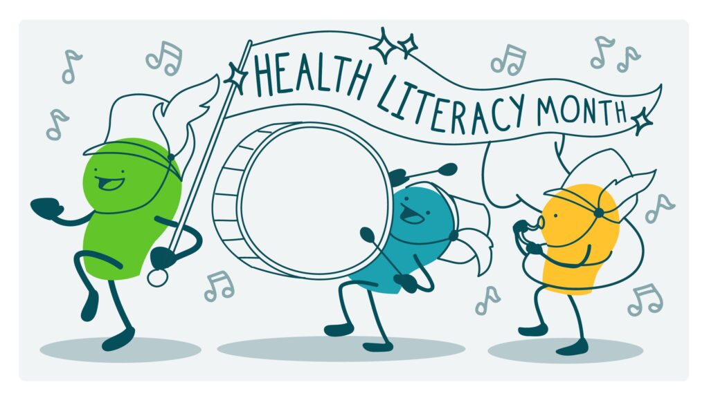 A marching band with a "Health Literacy Month" banner.