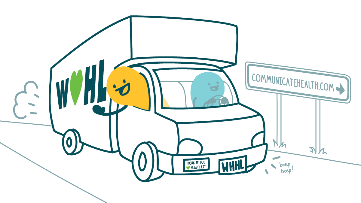 Alt: A doodle drives a moving truck with “W ❤HHL” emblazoned on the side while another doodle hangs out the passenger side window. They’re following a sign that points toward communicatehealth.com.