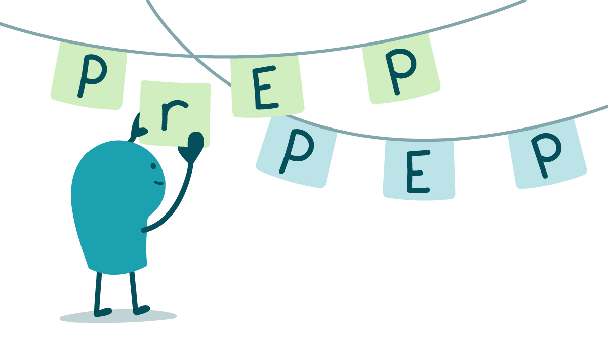 A doodle hangs up the letter "r" on a strand of letters that says: "PrEP." Another strand behind it says: "PEP."