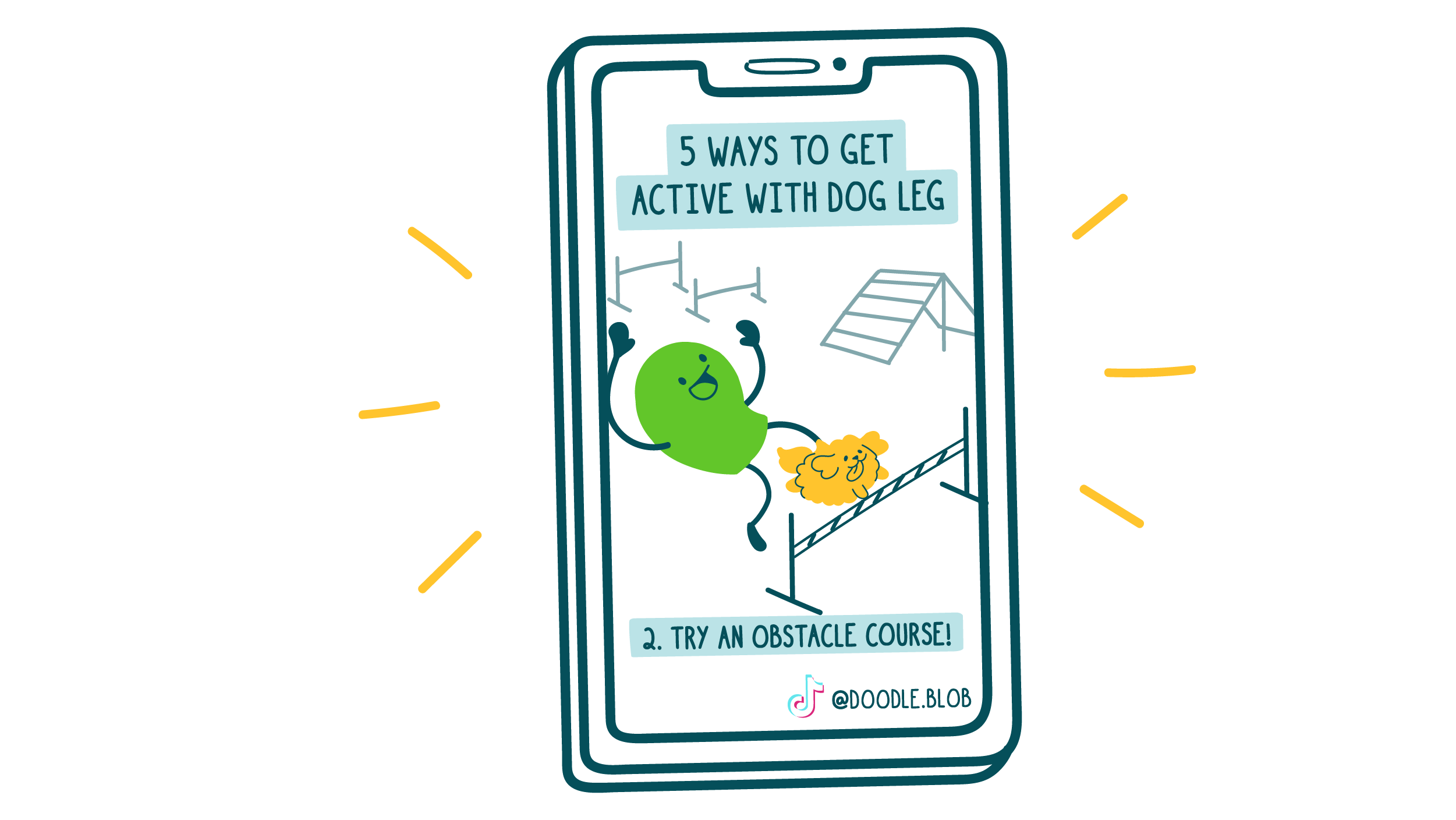 A doodle with dog leg stumbles through an obstacle course in a TikTok titled, "5 Ways to Get Active With Dog Leg." At the bottom of the screen is text that reads, “2. Try an obstacle course!”