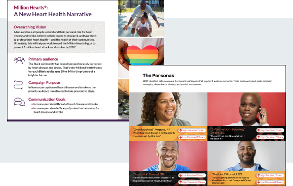 2 documents from the Live to the Beat campaign development process. The document at left, entitled "A New Heart Health Narrative," outlines the overarching vision, primary audience, campaign purpose, and communication goals. The document at right, entitled "The Personas," showcases 4 personas of Black adults.