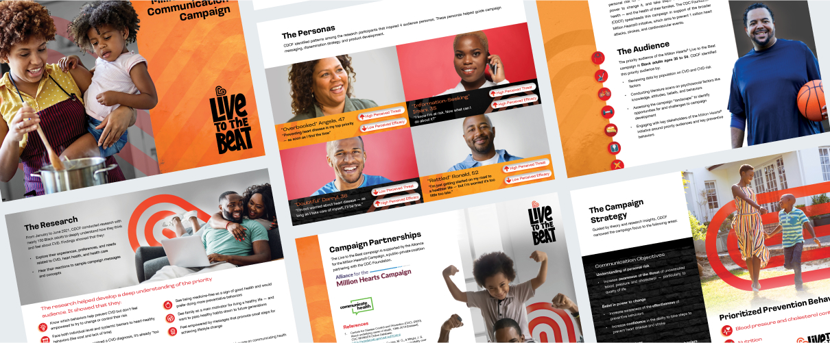 A collage of Live to the Beat campaign deliverables featuring images of middle-aged Black adults with their loved ones. 