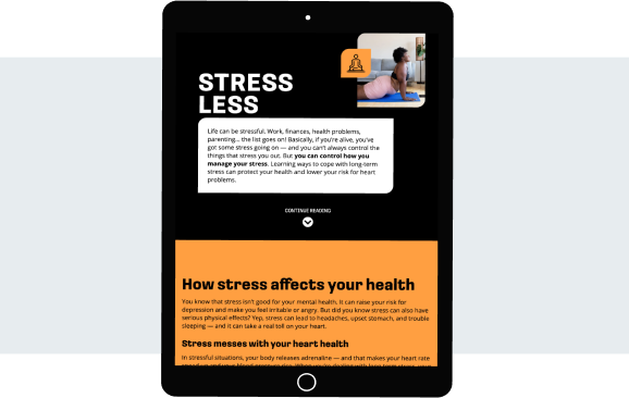 The Pulse Check tool is shown on an iPad. The screen provides information about how stress affects health under the heading "Stress Less." 