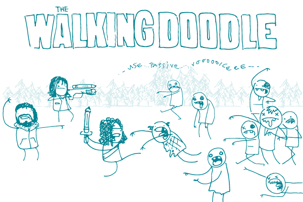 A group of doodles armed with pencils fight zombies, under a banner that says "The Walking Doodle."