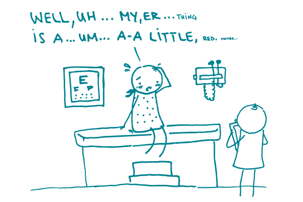 Illustration of embarrassed stick figure at the doctor saying "Well, uh...my,er...thing is a...um...a-a little, red. Maybe."