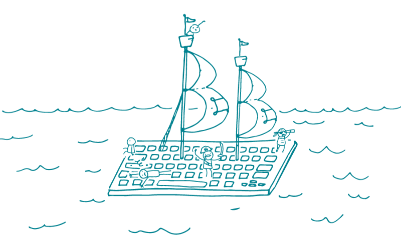 Illustration of pirate doodles sailing on a ship that's made out of a giant keyboard. 